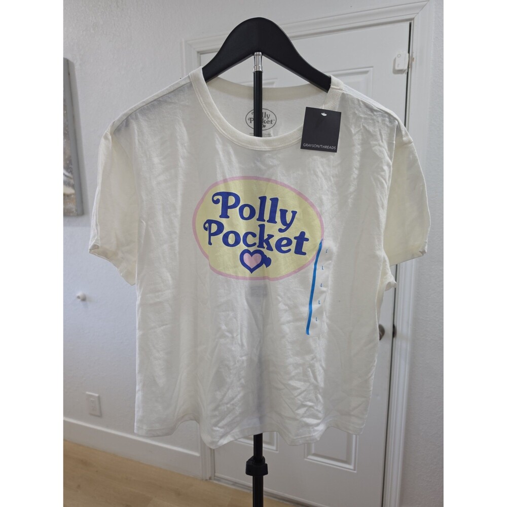 Polly Pocket White Cropped Graphic Tee Mattel Retro Toy Logo Shirt